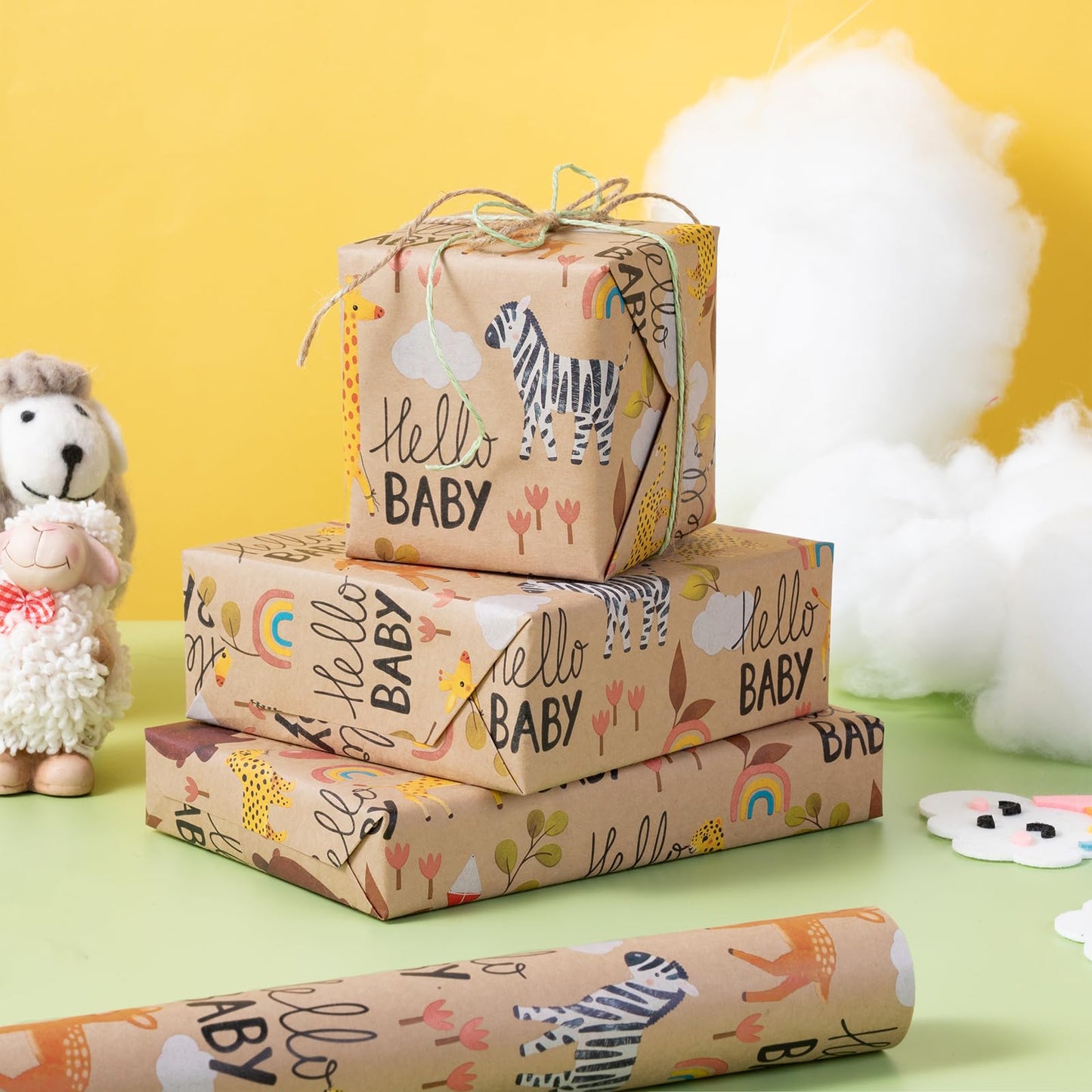 RUSPEPA 30" X 32.8' Baby Shower Wrapping Large Kraft Paper Roll, Jumbo Roll, Adorable Animal Design Kraft Gift Wrap Paper, Ideal for Baby Boy or Neutral Gift Wrapping, Kids' Birthday Party, 82 sq. ft.