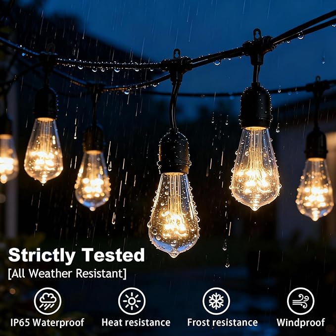 Afirst Outdoor String Lights Weatherproof Connectable LED Edison String Lights, Black Cord with Clear Plastic Bulbs, Starry Theme