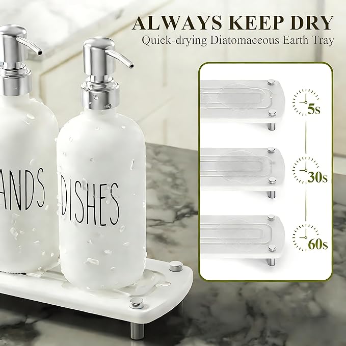 Cisily Kitchen Soap Dispenser Set Comes with Ceramics Sponge Holder, Silver Pumps, and Instant Dry Tray, Hand and Dish Soap Dispenser Set Suitable for Black and Silver Kitchen Decor and Accessories
