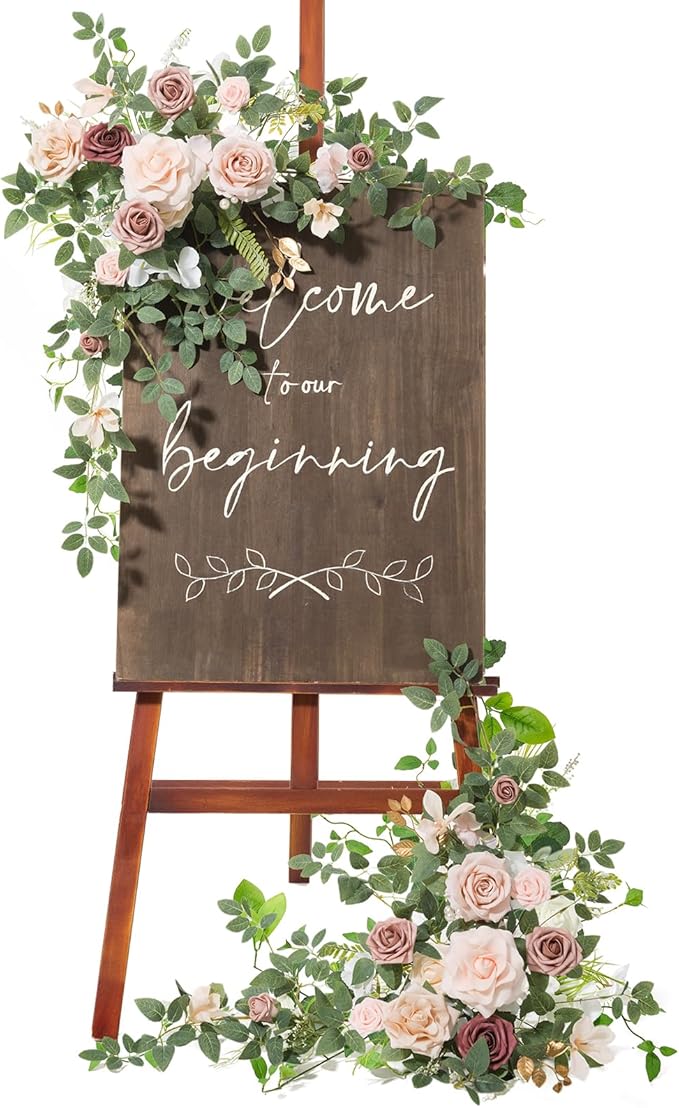 Ling's moment 2pcs Wedding Flowers Garland Artificial Floral Swag Arch Decorations Greenery Arrangements Dusty Rose Cream Ceremony Reception Garden Easel Wall Entryway Outdoor Board(NOT Include Sign)