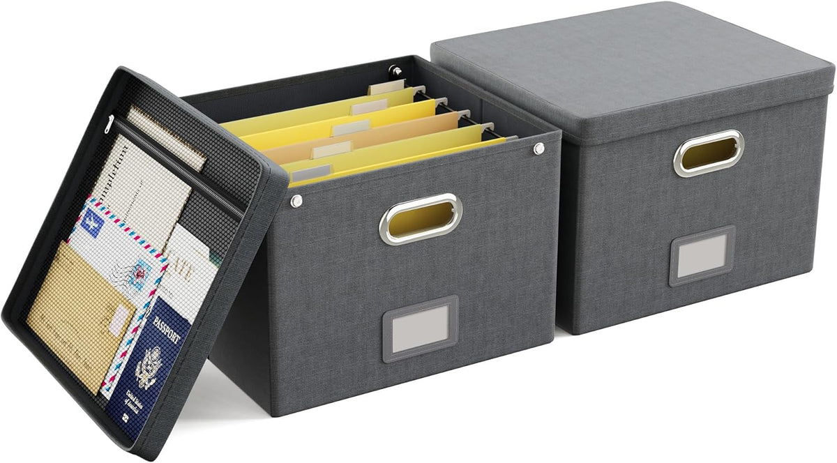 2 Pack File Organizer Box with Lid, Large Hanging Filing Box with Mesh Pocket, Document Organizer for Letter Files, Portable Storage Case for Office&Home (Dark grey)