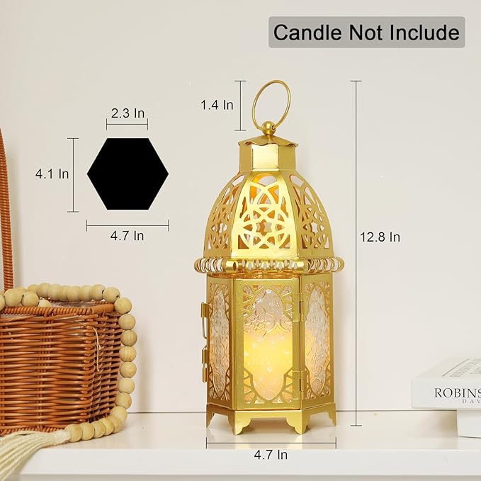 DECORKEY Moroccan Lanterns Decorative Indoor & Outdoor, 11’’ Medium Size Golden Metal Hanging&Tabletop Candle Holder Decor, Halloween Christmas Ramadan Decorations for Home Porch Patio (Golden)