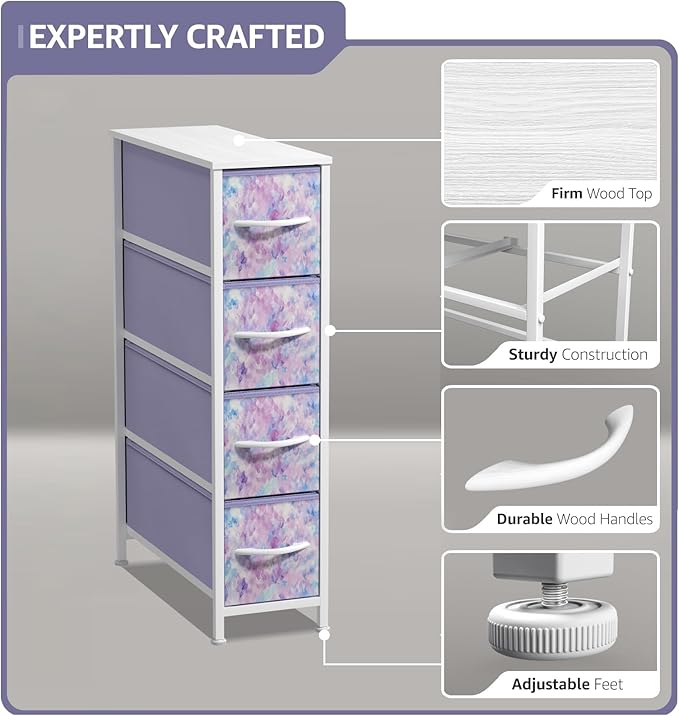 Sorbus Kids Narrow Dresser with 4 Drawers - Vertical Slim Storage Chest of Drawers with Steel Frame, Wood Top & Easy Pull Fabric Bins for Small Spaces, Closets, Bedroom, Bathroom & Laundry