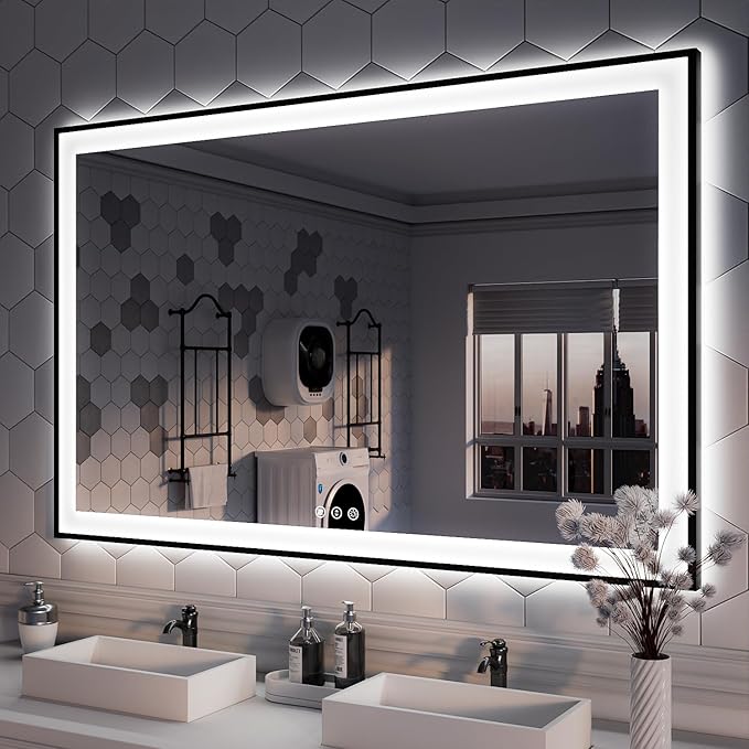 ISKM Framed LED Mirror for Bathroom 55"x36", Dimmable LED Bathroom Mirror with Lights, Anti-Fog, Front and Backlit Lighted Mirror 3-Colors, Shatterproof, Memory Function