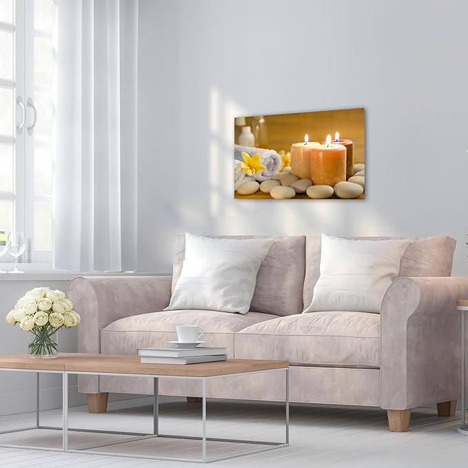 GUTTATY Zen Wall Art Decor, Modern Bathroom Zen Decor Wall Art, Zen Relaxing Canvas Wall Art for Spa Room Decor, Pebble and Lighted Candles Zen Canvas Prints for Office & Spa Wall Decor 12x18 Inches