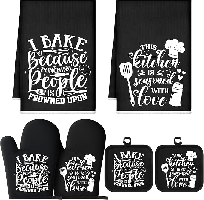 Sratte 6 Pcs Kitchen Decor Accessories Set Farmhouse Towels Pot Holders Oven Mitts Set 2 Dish Towels 2 Potholders 2 Cooking Mittens Oven Glove for Christmas Baking Cooking Supply(Black,Baking)