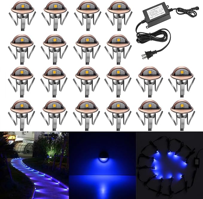 LED Stair Light Low Voltage Waterproof IP65 Outdoor 1-2/5" Recessed Wood LED Deck Lighting Yard Garden Patio Step Landscape Pathway Decor Lamp (20pcs, Blue)