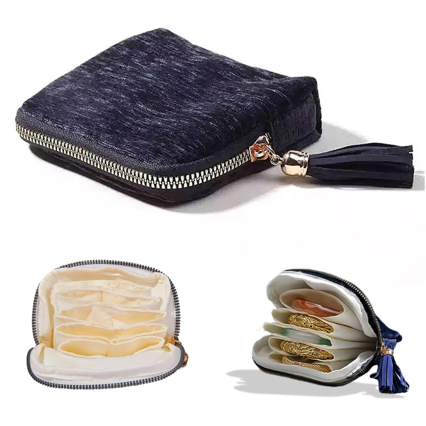Iosjeude Small Travel Jewelry Case Organizer for Women Portable Jewelry Box with Small Pouches for Gemstones Healing Crystal Bracelets, Necklace Bangles Storage, Gift Ring Holder, Blue Tassel