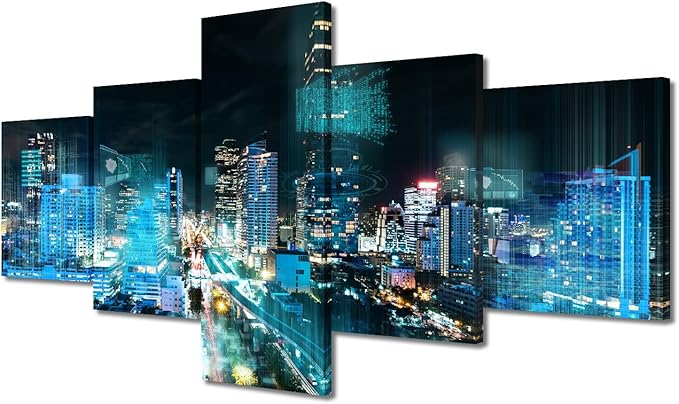 Canvas Wall Art Bangkok Night Cityscape Picture Printing Digital Transformation Poster 5 Panel Smart City Decorate Big Data Researchers Home Decoration Frame and Stretched Ready to Hang 50x24 Inch