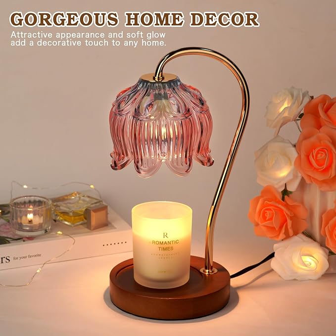 Dimmable Candle Warmer Lamp with Timer, Electric Candle Warmer Lamp, Women Christmas Gifts, Flower Candle Lamp Warmer for Family, Pink Blue Fragrance Candle Lamp for Modern Office Desk Decor