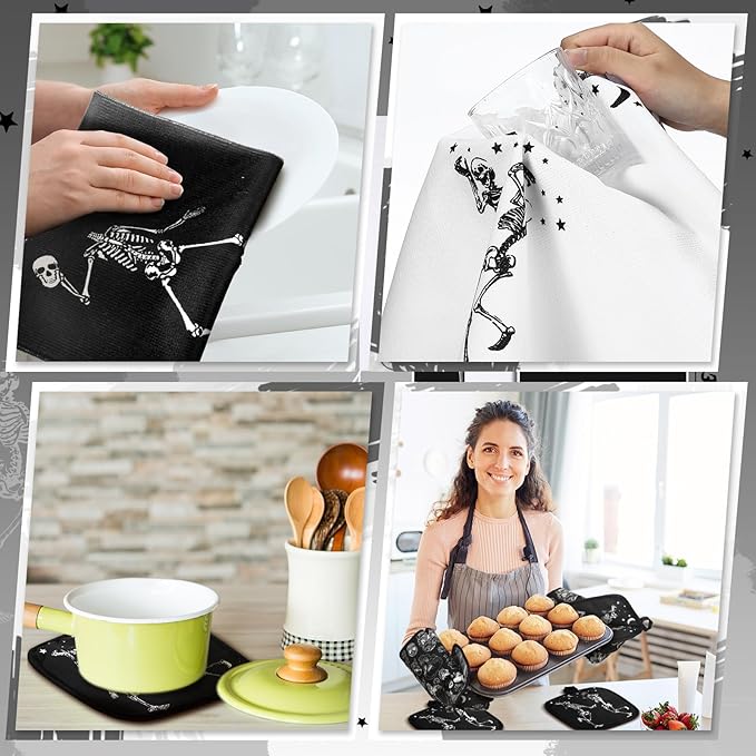 Fourluoo 10 Pcs Skeleton Kitchen Set Kitchen Towels and Rugs Oven Mitts and Pot Holders Gothic Decor and Accessories for Gift Cooking Baking Grilling