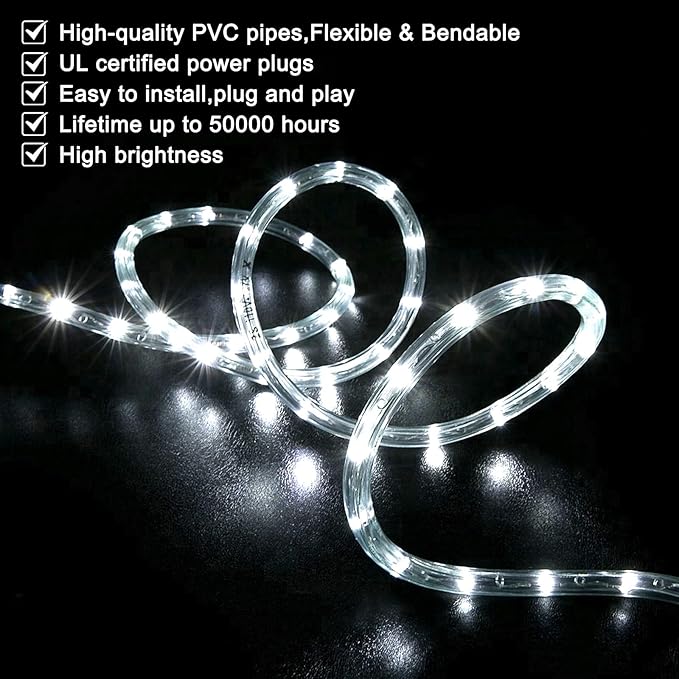 SURNIE Rope Lights Outdoor Waterproof Daylight White: LED 25FT Cuttable Outside Bright 110V Lighting 6000K Flexible Cool Clear Tube, Indoor Deck Patio Xmas Camping Decor, Not Flat Strip