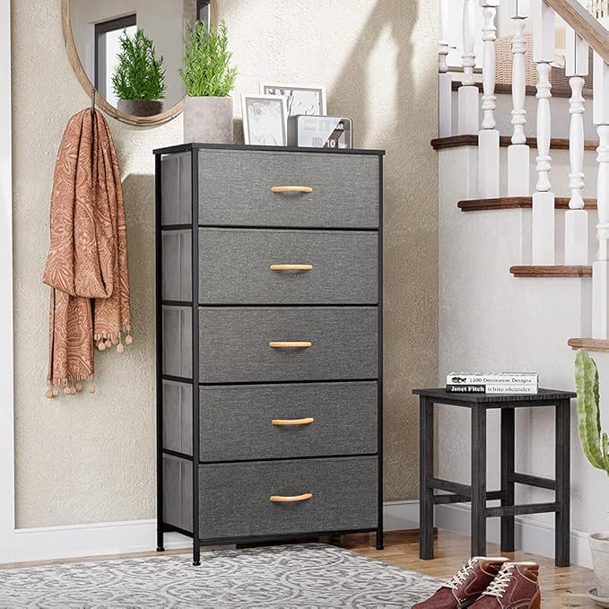 Crestlive Products Vertical Dresser Storage Tower - Sturdy Steel Frame, Wood Top, Easy Pull Fabric Bins - Wide Organizer Unit for Bedroom, Hallway, Entryway, Closets - 5 Drawers(Gray)