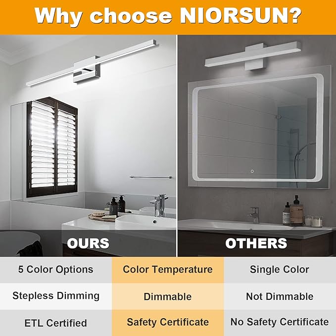 NIORSUN 39.4 inch Chrome Bathroom Vanity Light, 24W 5CCT Dimmable LED Bathroom Lighting Fixtures Over Mirror, Modern Vanity Lights for Bathrooms Restroom Mirror- ETL Certified