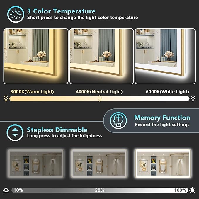72x40 Gold LED Bathroom Mirror with Lights, Brushed Gold Framed Backlit and Front Lit Anti-Fog Lighted Vanity Mirrors for Bathroom Wall, Dimmable, 3 Colors, Memory, HD Tempered Glass, CRI＞90