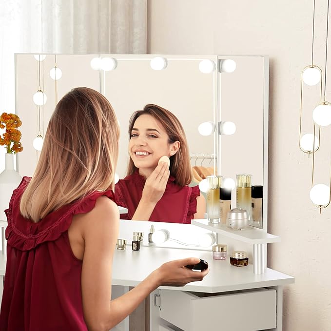 VOWNER Vanity with Lights - Makeup Vanity Desk with Power Outlet, 3 Color Lighting Options Brightness Adjustable, 5 Rotating Drawers, Shelves and Stool for Bedroom, White