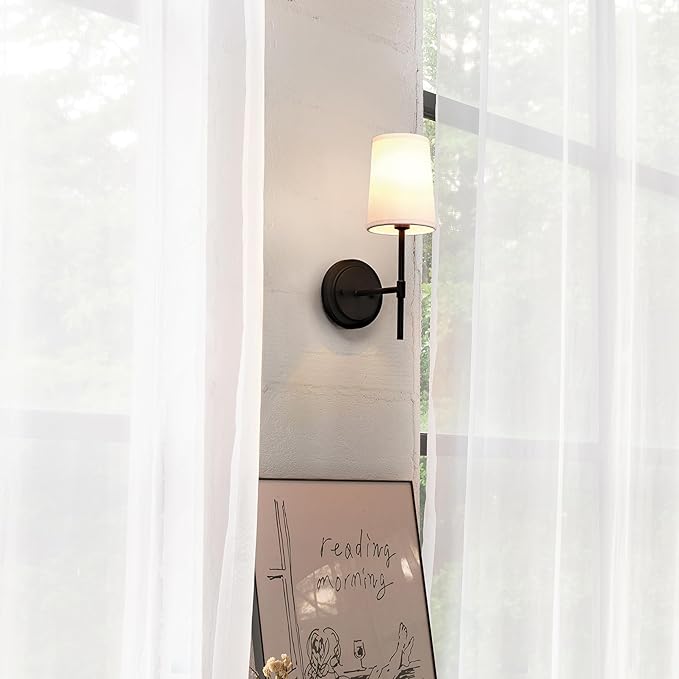 Globe Electric 51859 1-Light Wall Sconce, Matte Black, White Fabric Shade, Wall Lighting, Wall Lamp Dimmable, Wall Lights for Bedroom, Kitchen Sconces Wall Lighting, Home Décor, Bulb Not Included