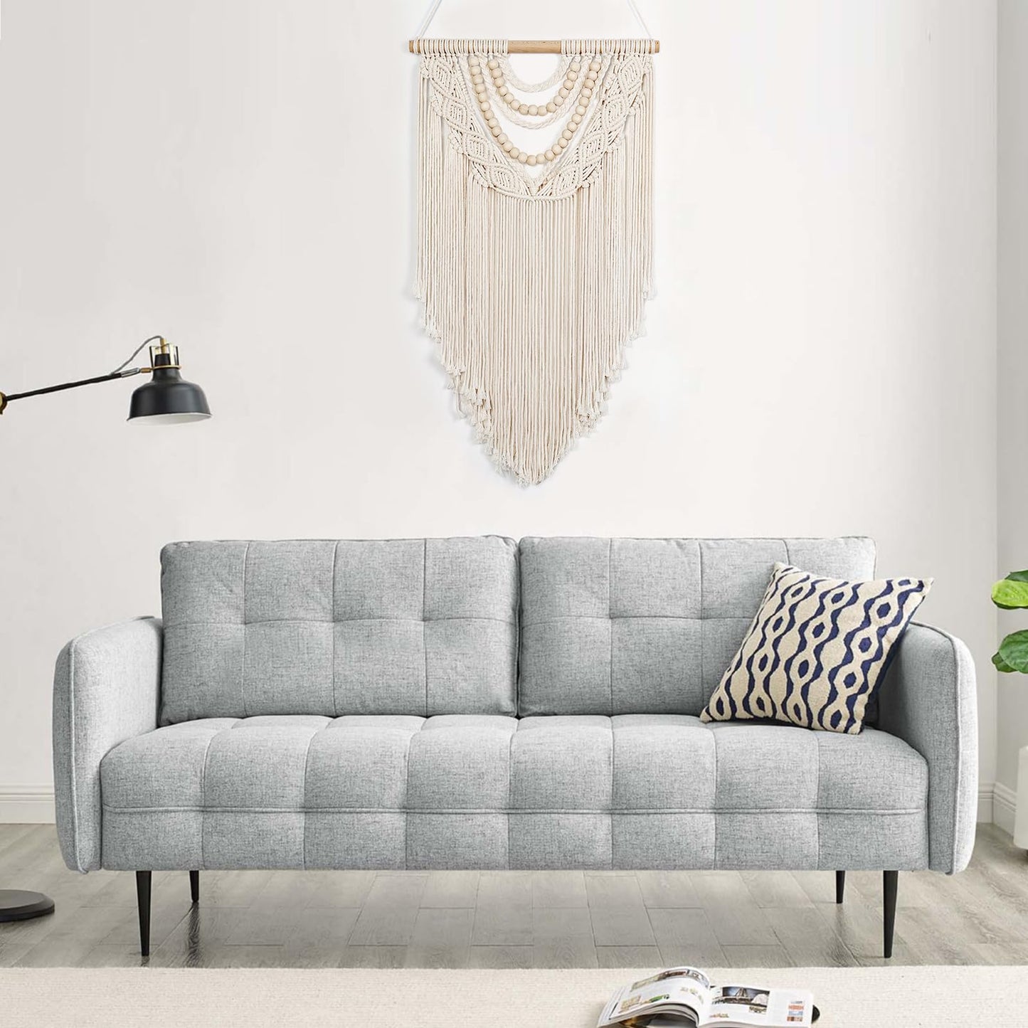 LOMOHOO Macrame Wall Hanging Boho Handmade Geometric Woven Tapestry Bohemian Wall Art Decor with Chic Wooden Beads Home Decor for Bedroom Living Room Apartment Dorm Gallery Wedding 16.5"x30"""