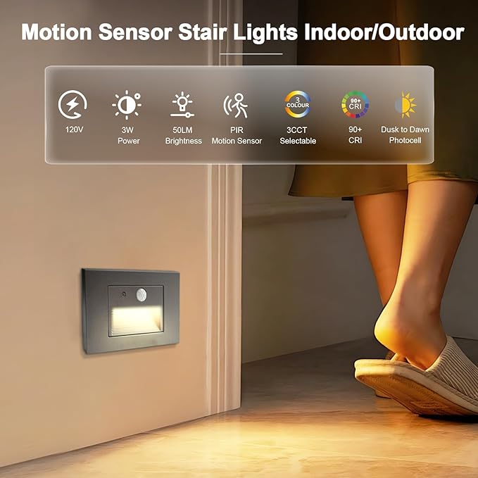4-Pack Horizontal LED Step Lights, Motion Sensor & Dusk to Dawn, IP65 Waterproof, 3000K-5000K Adjustable, Anti-Glare Louvered, 3W 120V Stair Lights Indoor Outdoor, Bronze, ETL Certified