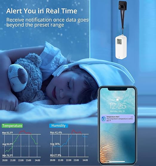 WiFi Smart Thermometer Hygrometer: Wireless Temperature Humidity Sensor with Notification Alert, Data Storage & Export, Calibrable Digital Temperature Monitor, Compatible with Alexa (2-PCS)