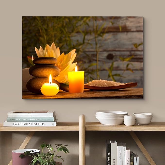 wall26 Canvas Print Wall Art Wood Panel Meditation Spax Candle Massage Stones Nature Wilderness Photography Realism Rustic Landscape Colorful Multicolor for Living Room, Bedroom, Bathroom - 32"x48"