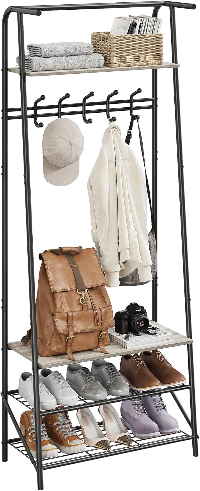 Hall Tree with Shoe Storage Bench & 5 Hooks – Entryway Coat Rack Organizer, Metal Frame, Wood Look – Multi-Functional for Entryway, Living Room, Bedroom – Single Row Hook, 60cm Wide, Gray