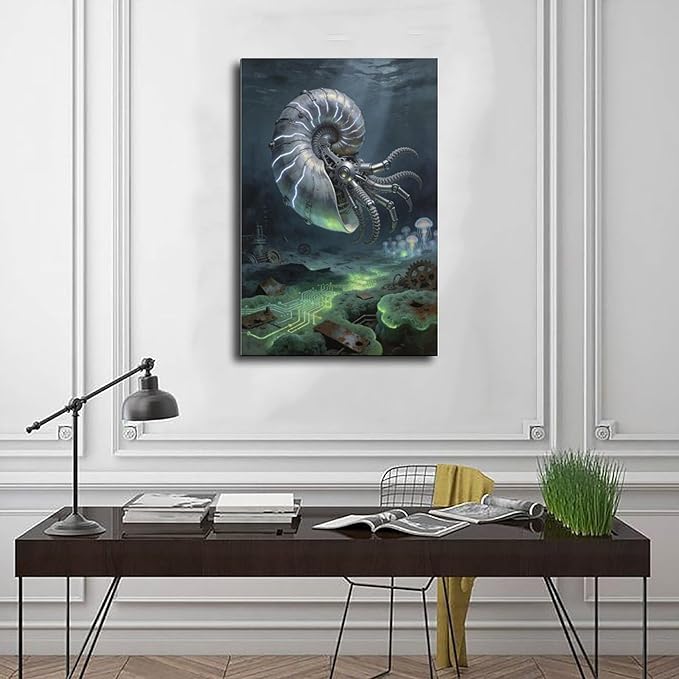 Framed Steampunk Mechanical Nautilus Wall Art - Underwater Industrial Poster for Man Cave Studio Decor 16x24inch(40x60cm)