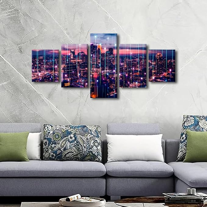 Particle Glowing Poster 5 Panel Canvas Wall Art Modern Home Decoration Artwork Metaverse Concept Big Data Picture Big Data Worker Office Living Room Wall Decor Stretched Ready to Hang 50x24 Inch