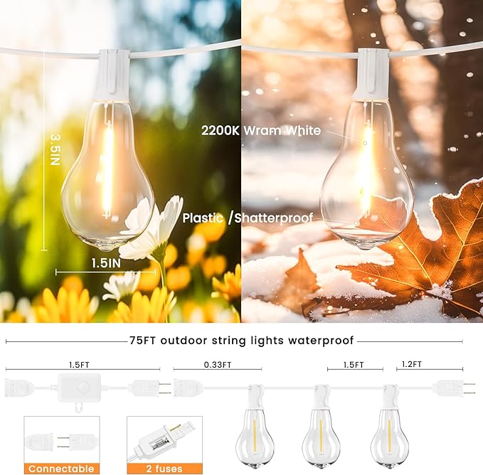 Outdoor String Lights, 75FT Patio Lights with 50+3 Bulbs(1.5FT Bulbs Spacing), Outdoor String Lights, Remote & Dimmer, 3 Mode Light & Timing, 50PC Mounting Ties for Outside, 2200K (White)