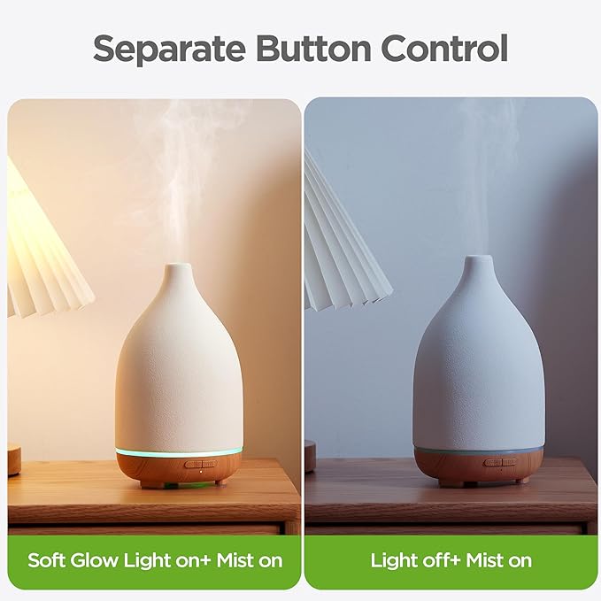InnoGear Oil Diffuser, 150ML Ceramic Diffuser for Essential Oils Handcrafted Aromatherapy Diffuser Ultrasonic Cool Mist Humidifier with 2 Mist Modes Waterless Auto Off for Room Office, White