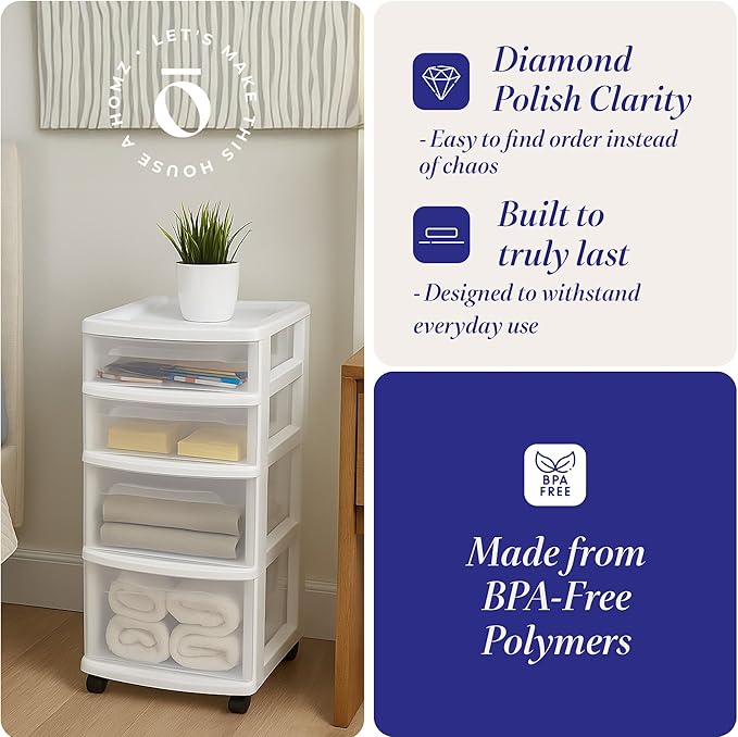 HOMZ 2-Pack Drawer Tower, 4-Tier Clear Plastic Storage Organizer Cart, White Frame - Organizing Containers with Wheels for Home, Bathroom, Bedroom, Office, and Classroom