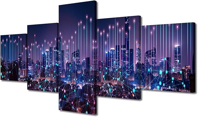 Canvas Wall Art Energy Digitalization Picture Printing Modern City Landscape Poster 5 Panel Home Decoration Artwork Big Data Worker Office Bedroom Decor Frame and Stretched Ready to Hang 50x24 Inch