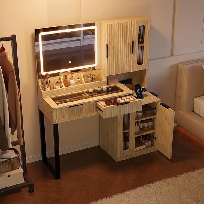 EROMMY 46.5" Makeup Vanity Desk with LED Lights and Large Mirror, Fluted Vanity Desk with 2 Drawers & 4 Storage Cabinets, Dressing Table with Glass Top and Charging Station for Bedroom Gift (Natural)