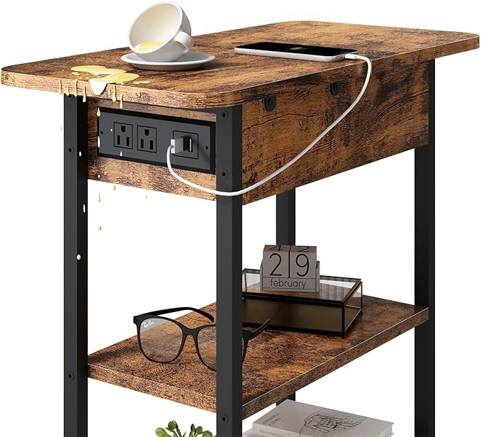 LIDYUK End Table with Charging Station, Flip Top Side Table with USB Ports and Outlets, Nightstand for Small Spaces, Bedside Tables with Storage Shelf for Living Room, Bedroom, Brown