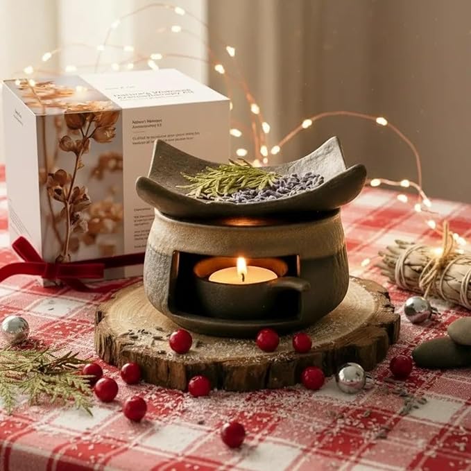 Ceramic Tea Stove Warmer Set, Aromatherapy Burner, Handmade Ceramic Candle Wax Melts Warmer with Tealight Holder, for Meditation (A)