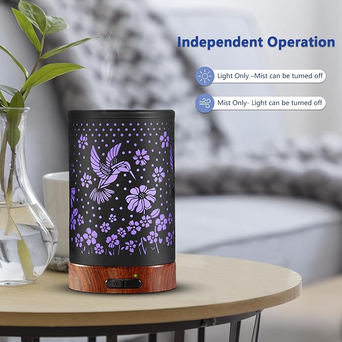 Essential Oil Diffuser Aromatherapy Diffuser - Metal Aroma Diffuser for Home 150ml Ultrasonic Cool Mist Diffuser with 7 Colors Light Auto Shut-Off Protection for Home Office Decor & Gift(Hummingbird)
