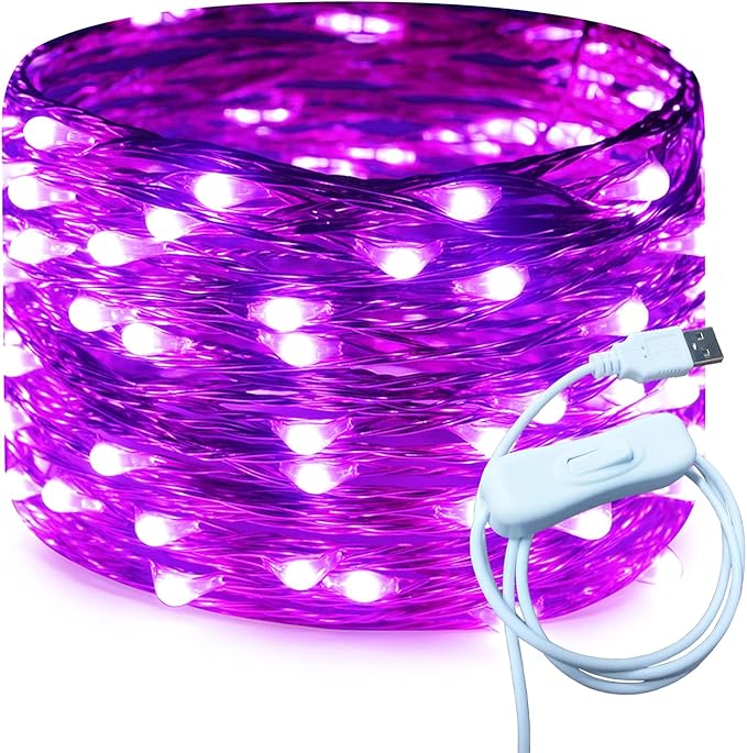 RUICHEN 20 Ft 120 LED USB Fairy String Lights with On/Off Switch, Waterproof Copper Wire Lights for Bedroom Wall Ceiling Wreath Crafts Christmas Halloween Party, Purple