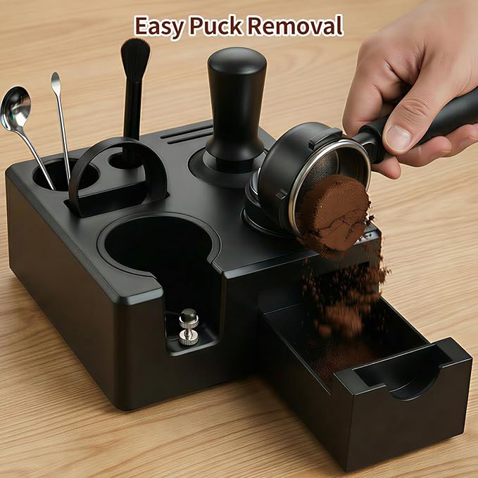 10PCS Espresso Accessories Kit - Espresso Knock Box and Tamping Station,Coffee Tamper,Distributor,WDT,Dosing Funnel,Puck Screen,Brush,Coffee Spoon,Latte Pen,16 Stencils Fits Delonghi 51mm Portafilter