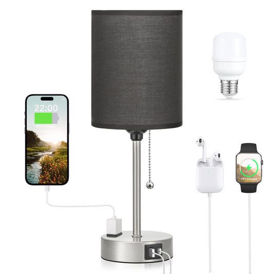Black Table Lamp for Bedroom Nightstand - 3 Color Temperature Bedside Lamp with USB C and A Ports, Pull Chain Lamp for Bedroom with AC Outlet, Small Lamps Silver Metal Base for Kids Boys/Dorm Room