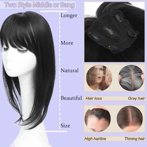 Hair Toppers for Women Real Human Hair, 360°3D Topper for Women with Thinning Crown Wispy Clip in Bangs Breathable Hand Tied Craft Big Coverage Hairpieces(Dark Brown（Big Coverage）, 16 Inch-3D-Wispy)