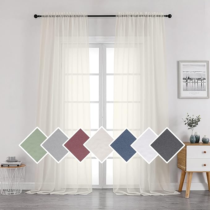 OVZME Sheer Ivory Curtains Light Filtering Window Drapes for Living Room Bedroom and Wedding Party, Voile Nice Vertical Sense Sliding Glass Door, Per Panel 42 by 96 Inch, Set of 2 Pieces