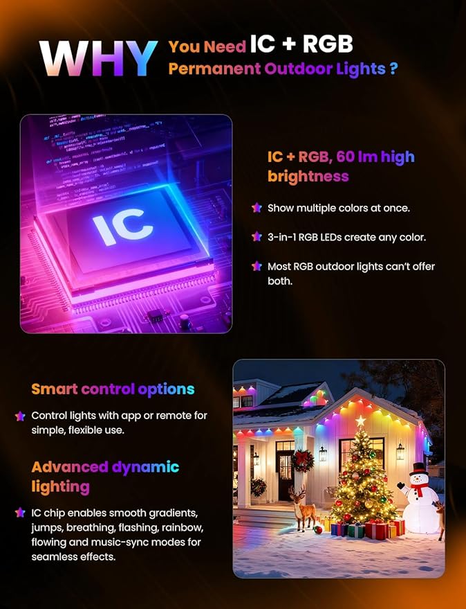 Permanent Outdoor Lights, 100ft RGB+IC Smart Outdoor Lights for House with 50 LED, IP67 Waterproof LED Light for Outdoor Decorations, Work with Remote, APP