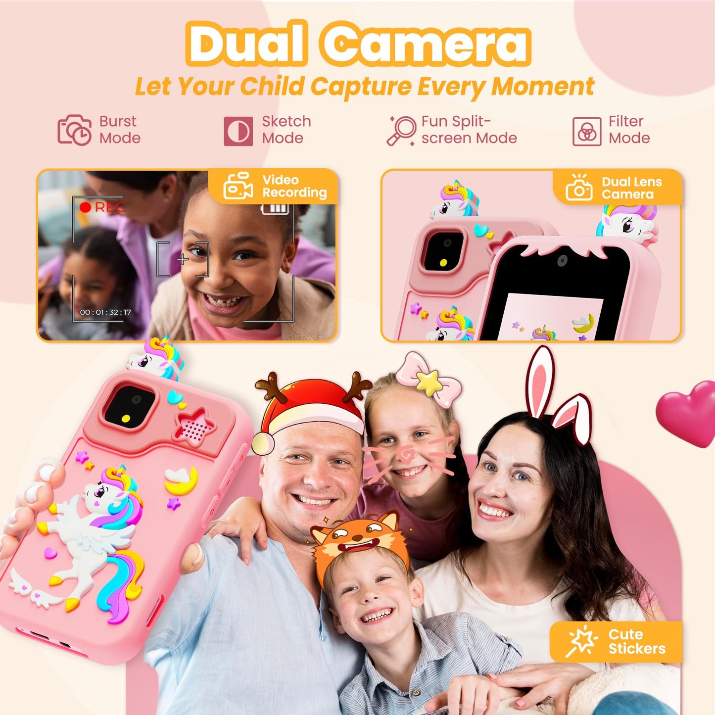 Kids Phone for Girl Toys, Kids Camera Toy Smart Phone Birthday Gifts Toddler Ages 2, 3, 5, 7, 8, 10 Year Old, Educational Learning Toys with 2.8" Touchscreen, Music Player, Video Player, Game (Pink)
