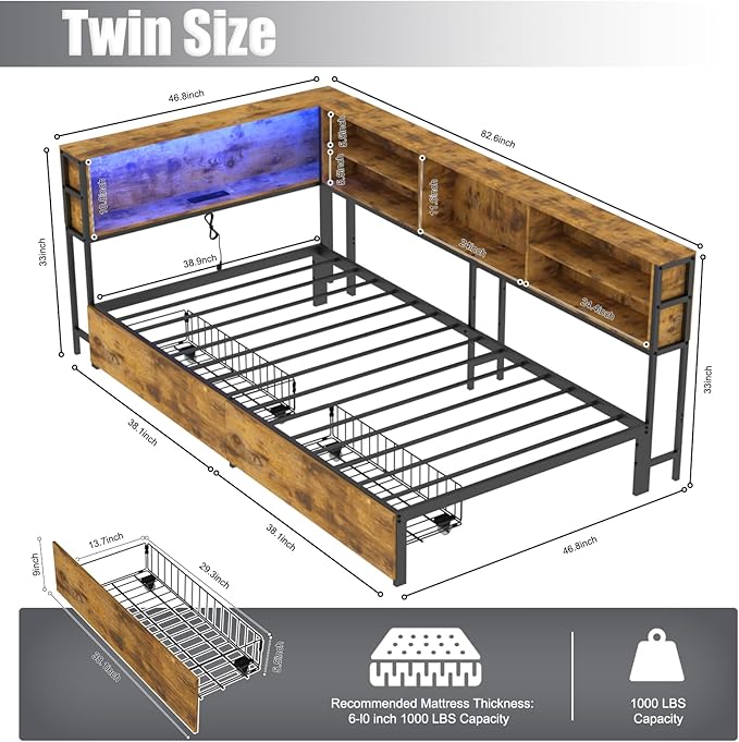 Corner Bed Frame Twin with Storage, L Shaped Daybed for Kids, Twin Corner Bed with Drawers, Shelves, RGB LED Lights & Charging Station, Sturdy Metal Kids Twin Bed for Girls Boys,Brown