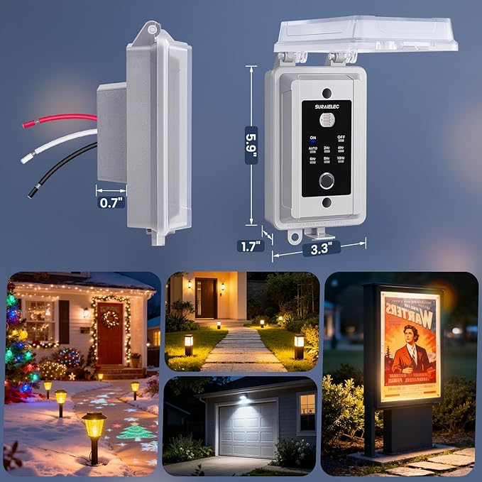 SURAIELEC 20A Heavy Duty Dusk to Dawn Light Sensor Timer Switch, 2400W Hardwired Weatherproof Photocell Controller for Outdoor Security Lighting, Floodlights, Patio Lights, Christmas Decorations