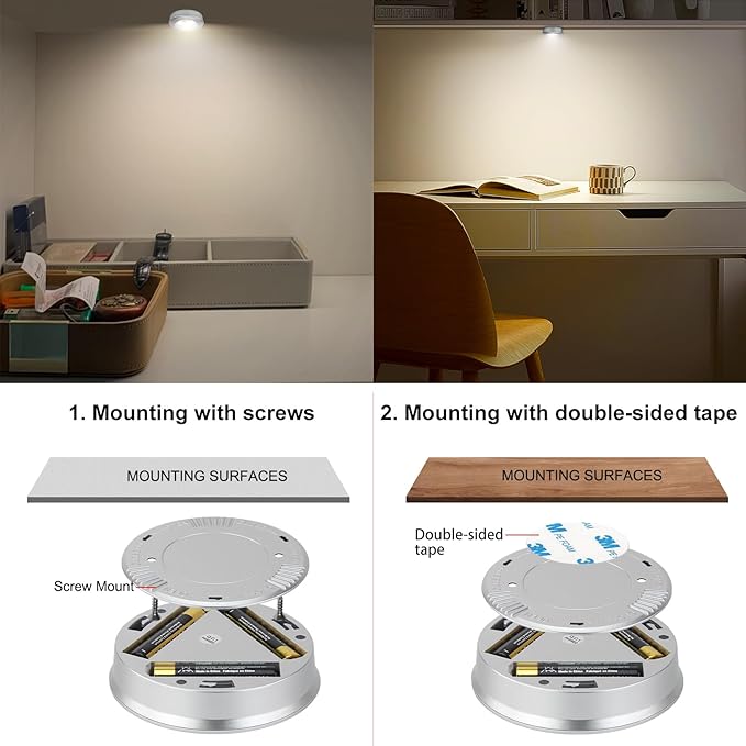 Wireless LED Puck Lights, Touch Activated Tap Ligh Push Light,Battery Operated Stick On Lights for Under Cabinet, Kitchen, Closet & Counters, 6-Pack,Silver (3 AAA Batteries Included)