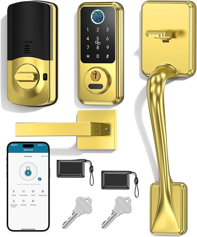 Hornbill Smart Lock for Front Door, Keyless Entry Door Lock with Handleset, Smart Deadbolt Lock for Home/New House, Auto-Lock, Brushed Gold