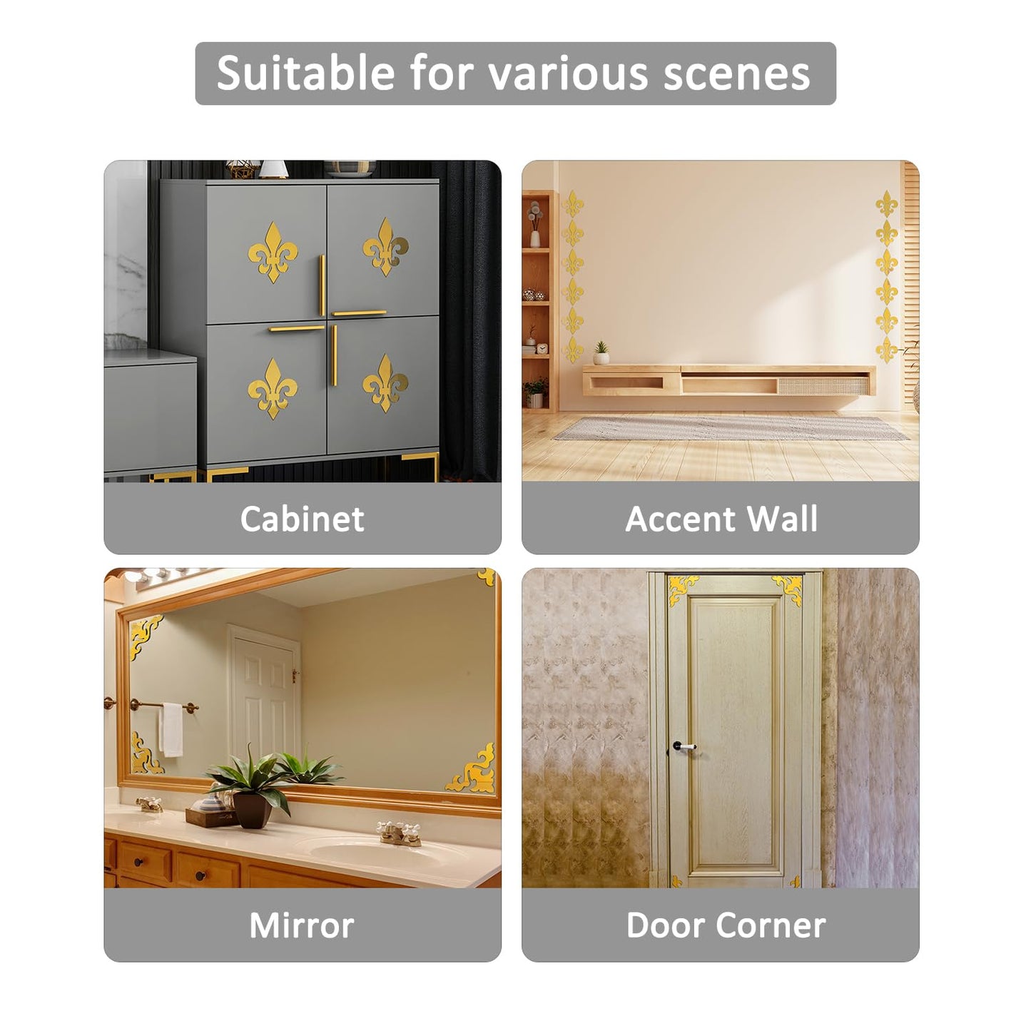 funlife Hollow Self Adhesive Mirror Wall Stickers, Small Plastic Gold Mirror with Adhesive Back for Home Cabinet Wall Decor 3.94" X 3.94"" 16 PCS Corner Onlay Applique Pattern-Mirror"