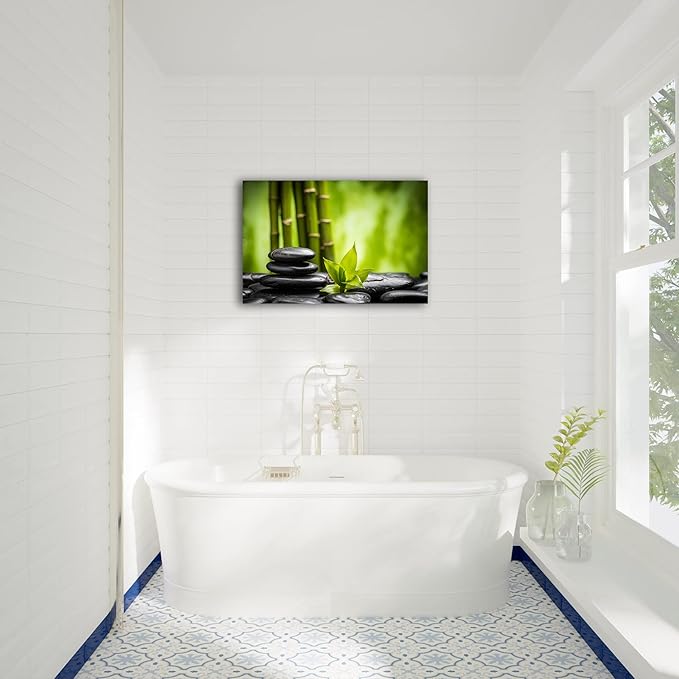 GUTTATY Zen Wall Art Decor, Modern Bathroom Zen Decor Wall Art, Relaxing Canvas Wall Art for Spa Zen Room Decor, Green Bamboo Forest and Pebble Art Prints for Office & Spa Wall Decor 12x18 Inches