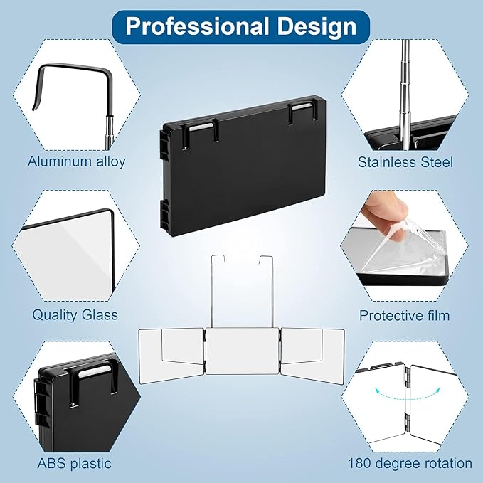 3 Way Mirror for Self Hair Cutting,360 Haircuts Men for Barber Use Tools,to See Back of Head,Tri Fold Mirror with Portable Height Adjustable Telescoping Hooks (6.7" x 10.8")